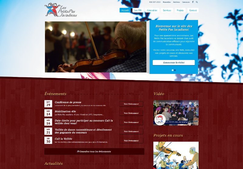 Page d'accueil du site Les Petits Pas Jacadiens au moment du lancement.